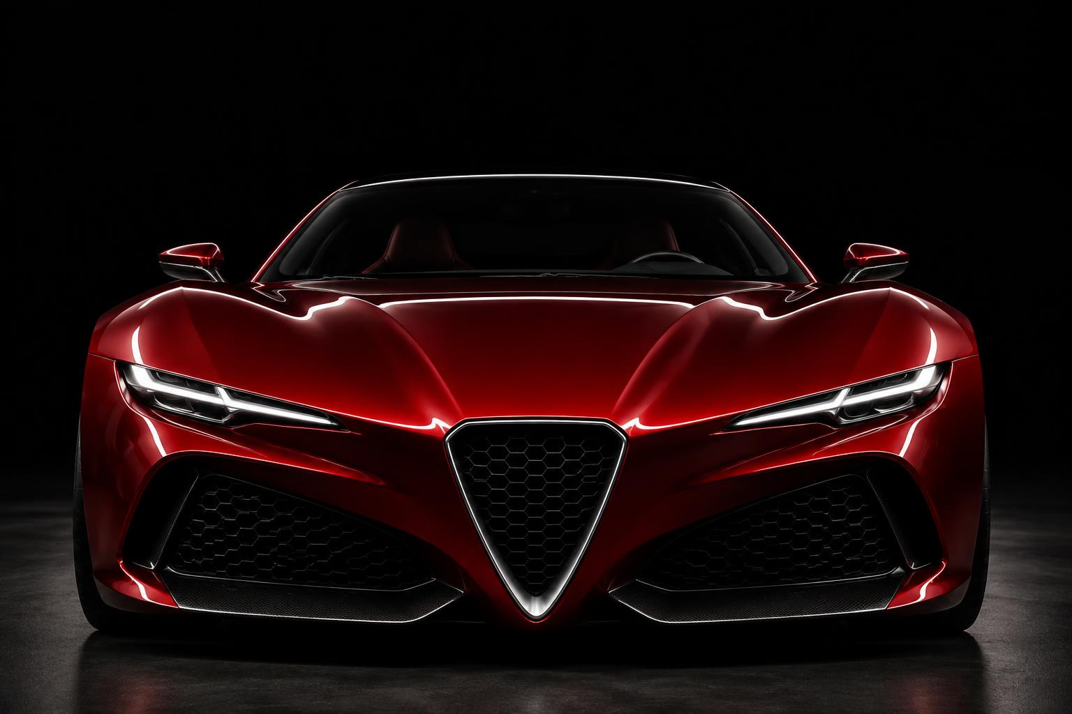 Candy-apple red concept car with a chrome shield grille in a dark showroom